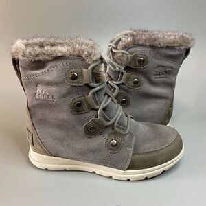 Sorel Joan Explorer Winter Snow Boots Quarry Grey Suede Faux Fur